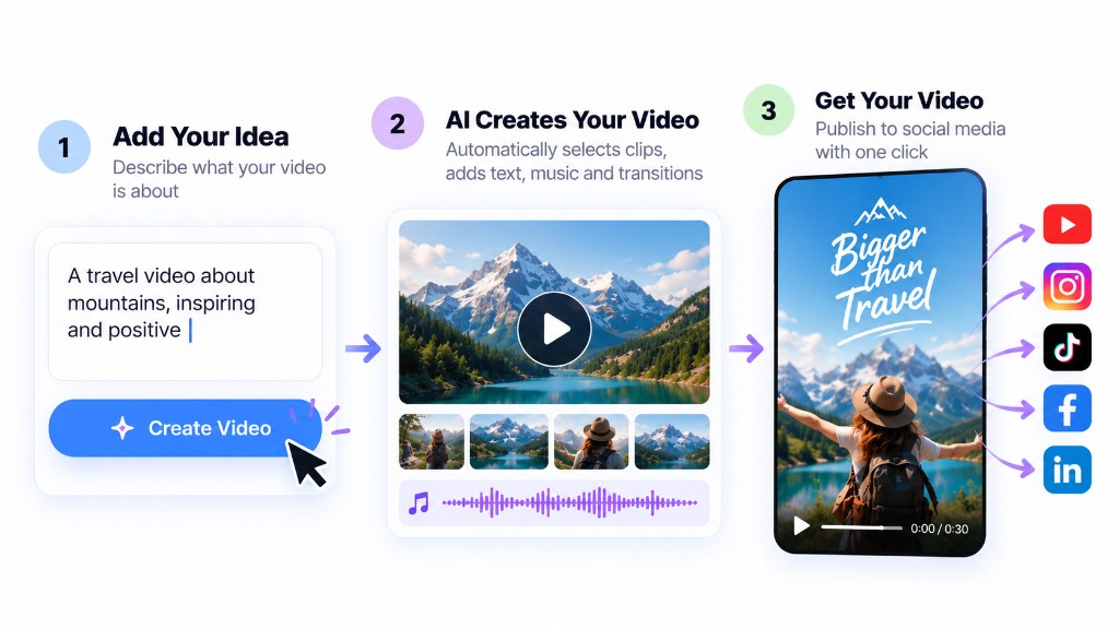 Add your idea, AI creates the video, publish to YouTube, Instagram, TikTok, Facebook and LinkedIn in one click